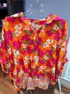 entro Bright Orange & Fuchsia Floral Button-Front Tunic